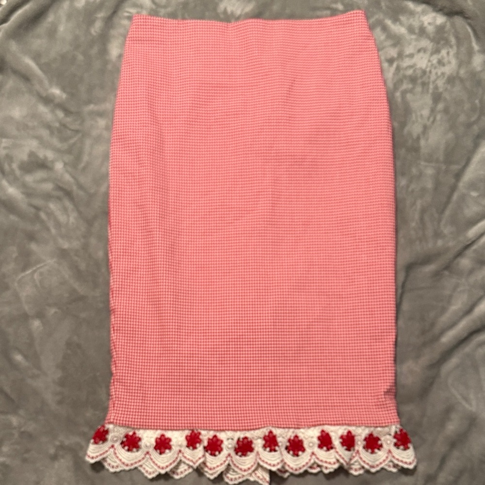 Chic Red Gingham Pencil Skirt with Crochet Detail